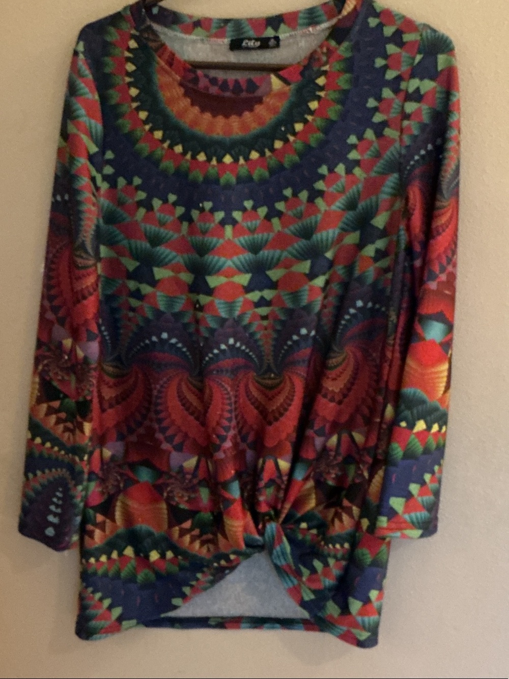 Lily Multi-Color Geometric Knot-Front Long Sleeve Top. Size medium.